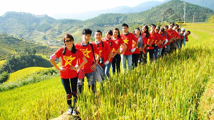 Áo lá cờ Việt Nam nổi bật trên đồng lúa vàng